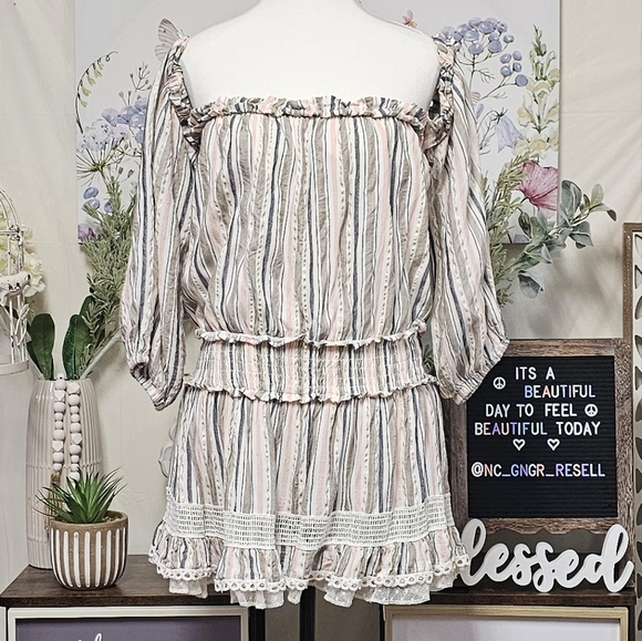 SURF GYPSY | SHIMMER STRIPED OFF SHOULDER RUFFLE MINI DRESS - Picture 3 of 16